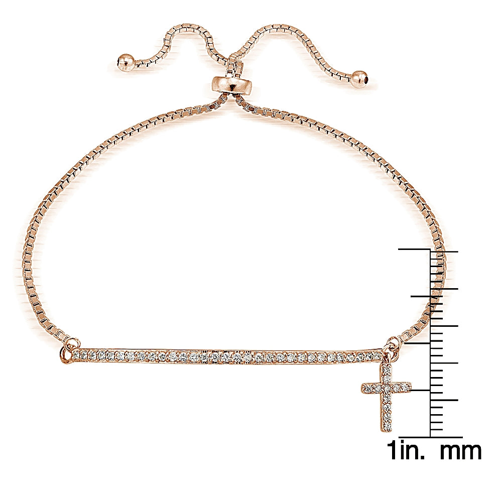 Rose Gold Tone over Sterling Silver Cubic Zirconia Cross & Bar Adjustable Bracelet-3