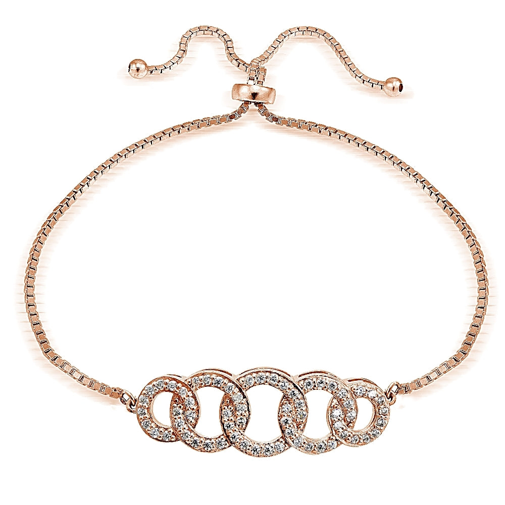 Rose Gold Tone over Sterling Silver Cubic Zirconia Intertwining Circles Adjustable Bracelet