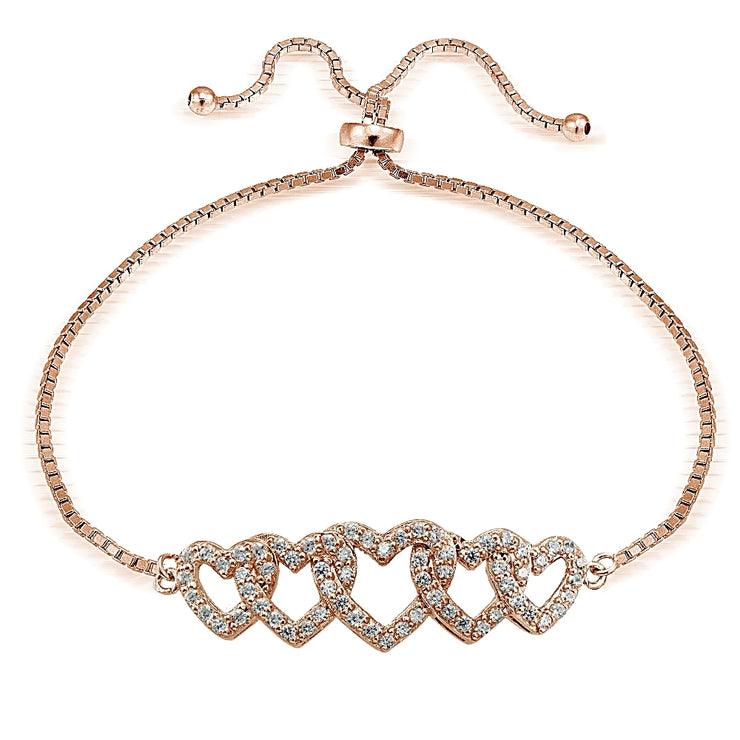 Rose Gold Tone over Sterling Silver Cubic Zirconia Intertwining Hearts Adjustable Bracelet