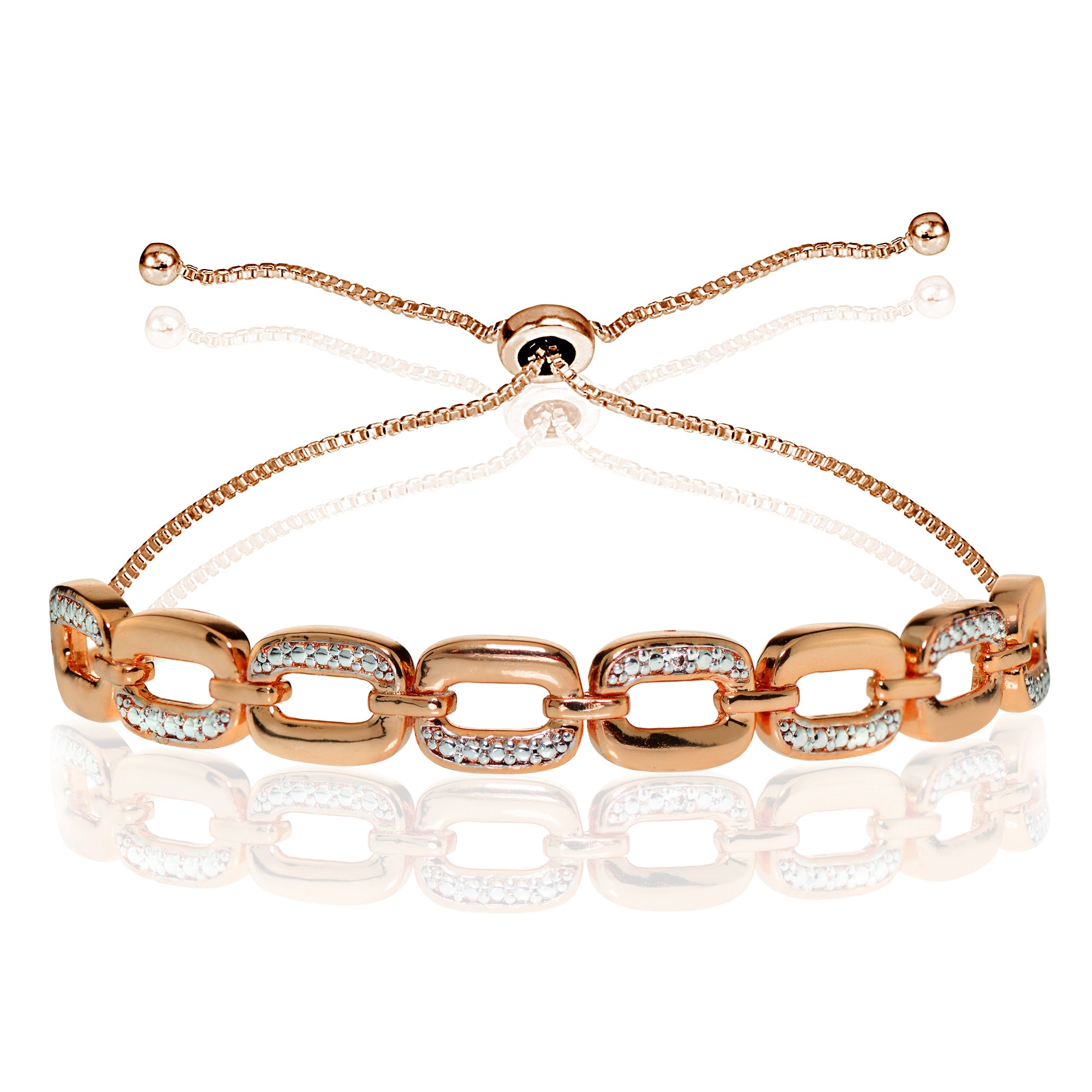 Rose Gold Flash Sterling Silver Diamond Accent Rectangle Link Adjustable Bolo Bracelet