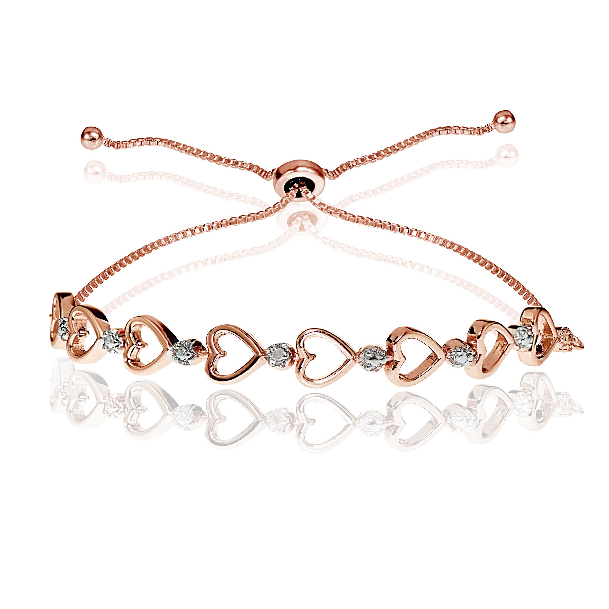 Rose Gold Flash Sterling Silver Diamond Accented Open Heart Link Adjustable Bolo Bracelet