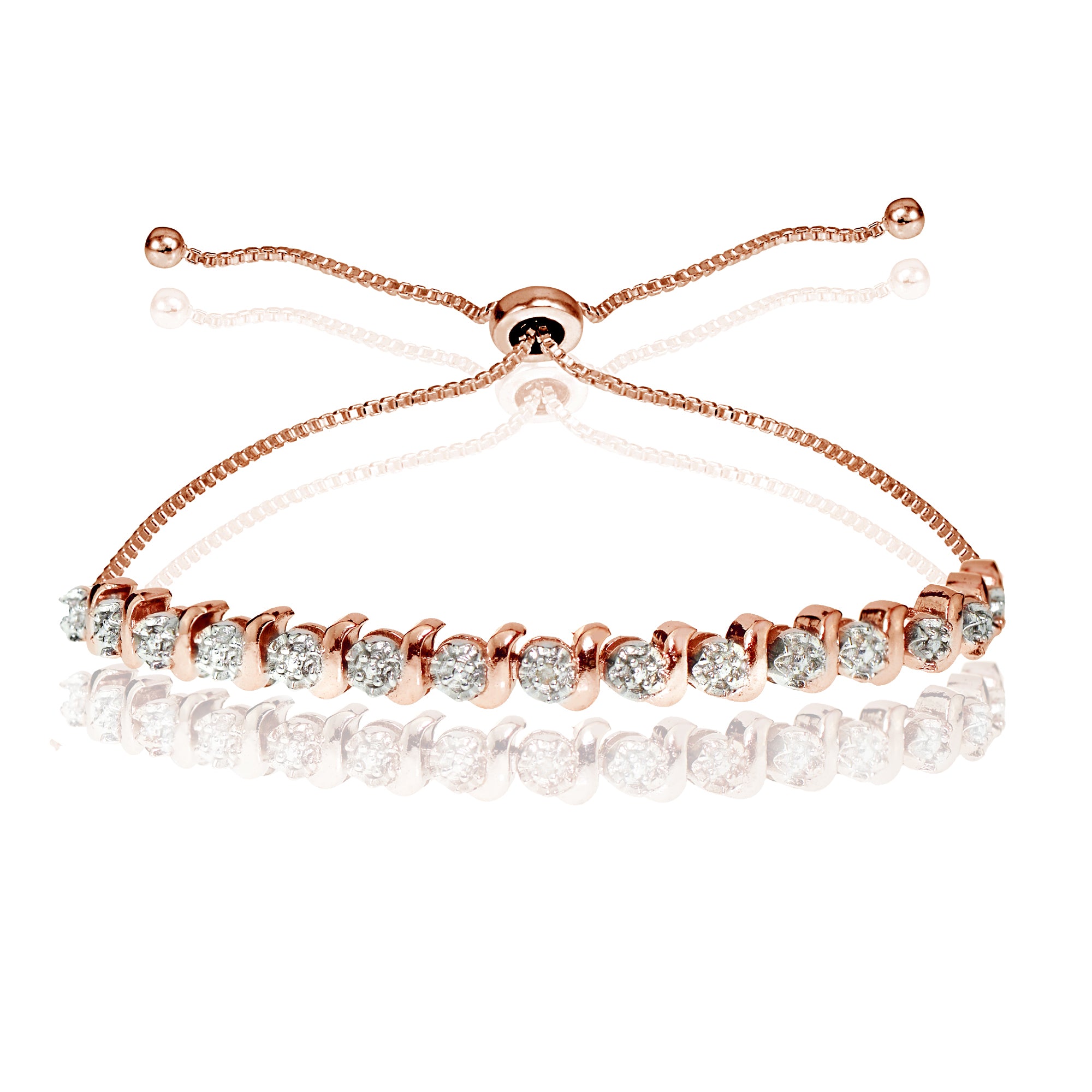 Rose Gold Flash Sterling Silver Diamond Accented Round S-link Adjustable Bolo Bracelet