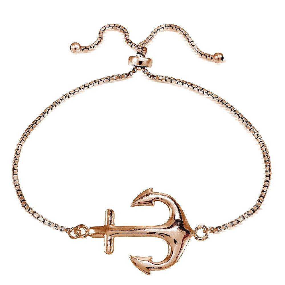 Rose Gold Tone over Sterling Silver Polished Anchor Adjustable Bracelet