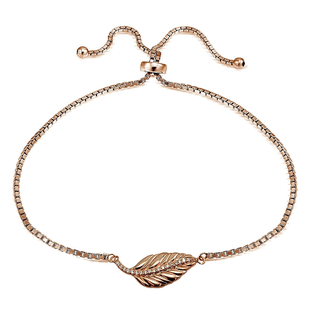 Rose Gold Tone Sterling Silver Cubic Zirconia Leaf Adjustable Bracelet