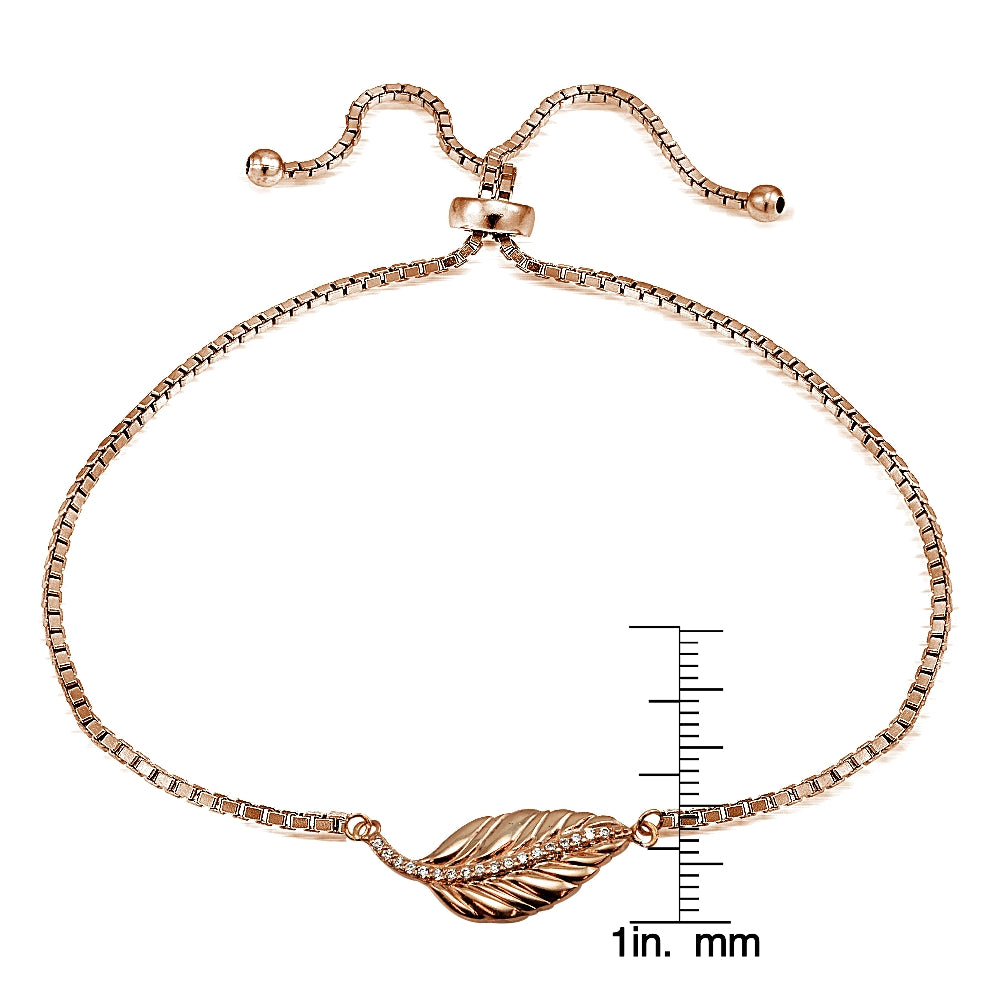 Rose Gold Tone Sterling Silver Cubic Zirconia Leaf Adjustable Bracelet-3