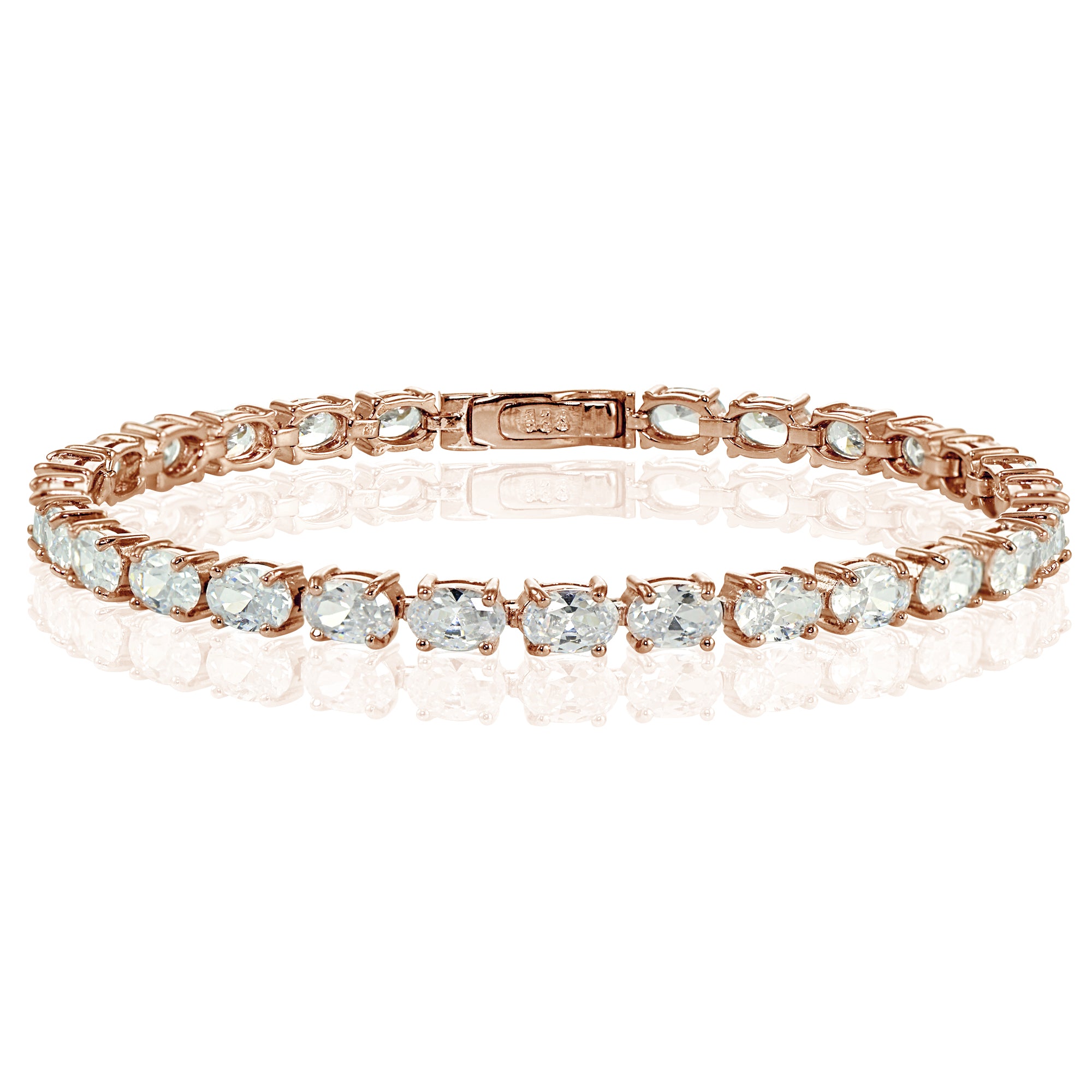 Rose Gold Sterling Silver Cubic Zirconia 6x4mm Oval-cut Tennis Bracelet