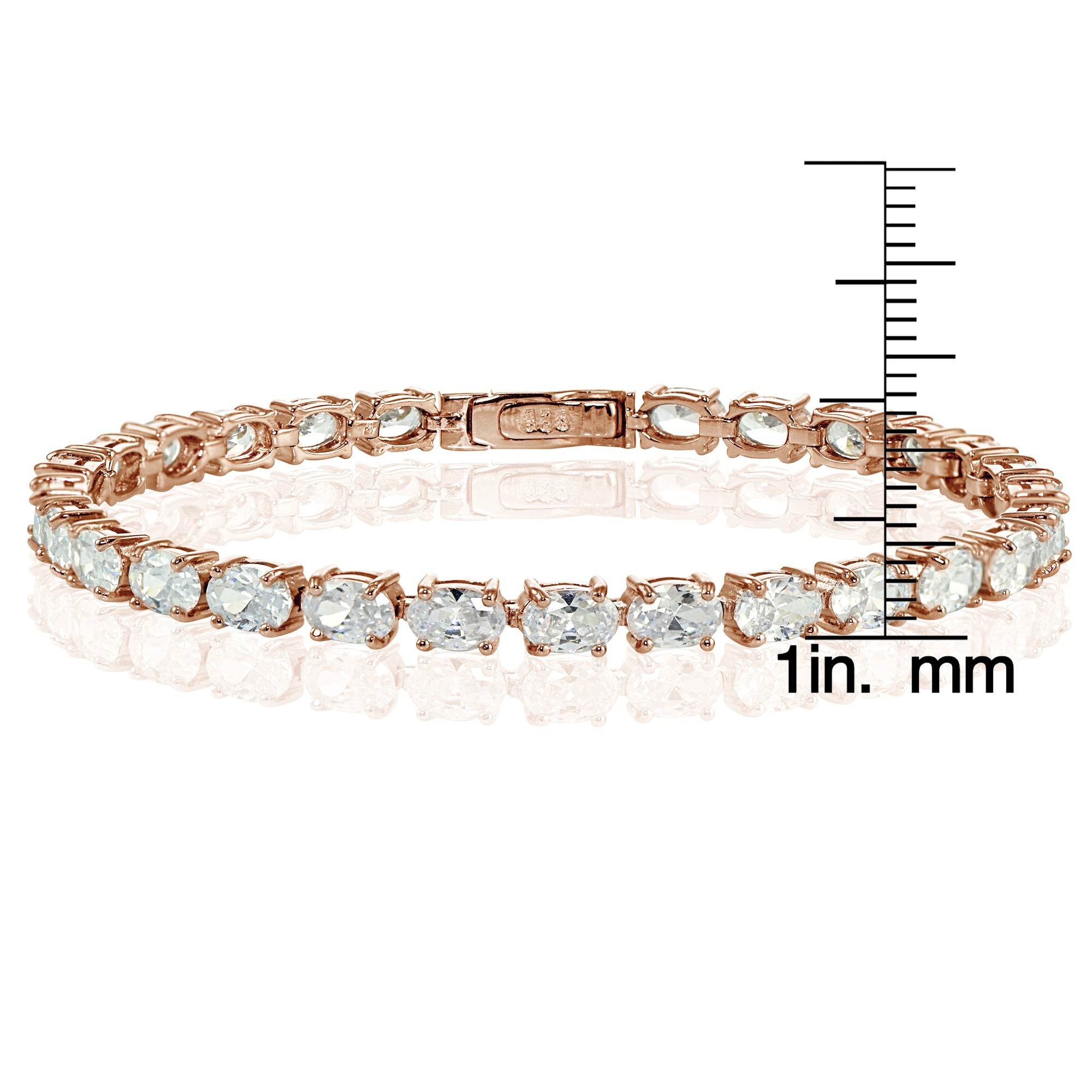 Rose Gold Sterling Silver Cubic Zirconia 6x4mm Oval-cut Tennis Bracelet-3
