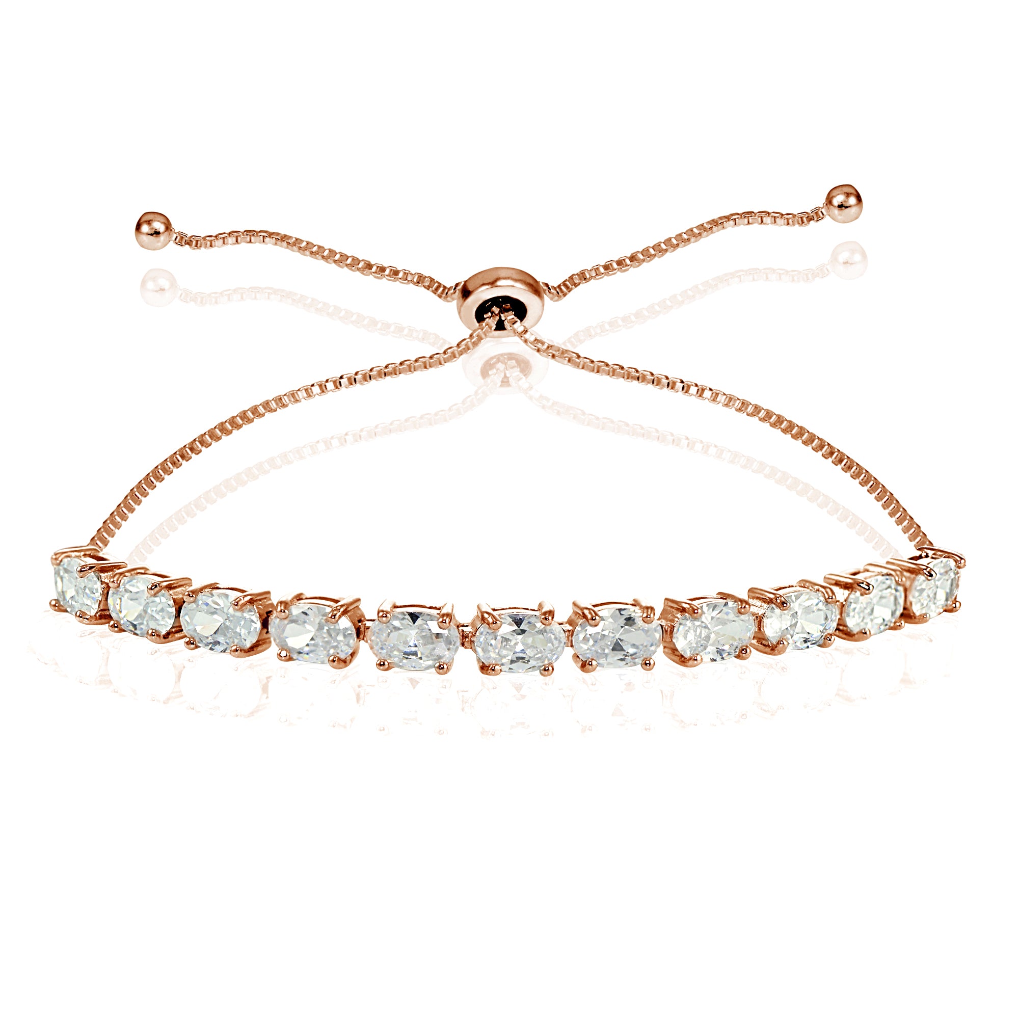 Rose Gold Flashed Sterling Silver Cubic Zirconia 6x4mm Oval-cut Adjustable Bracelet