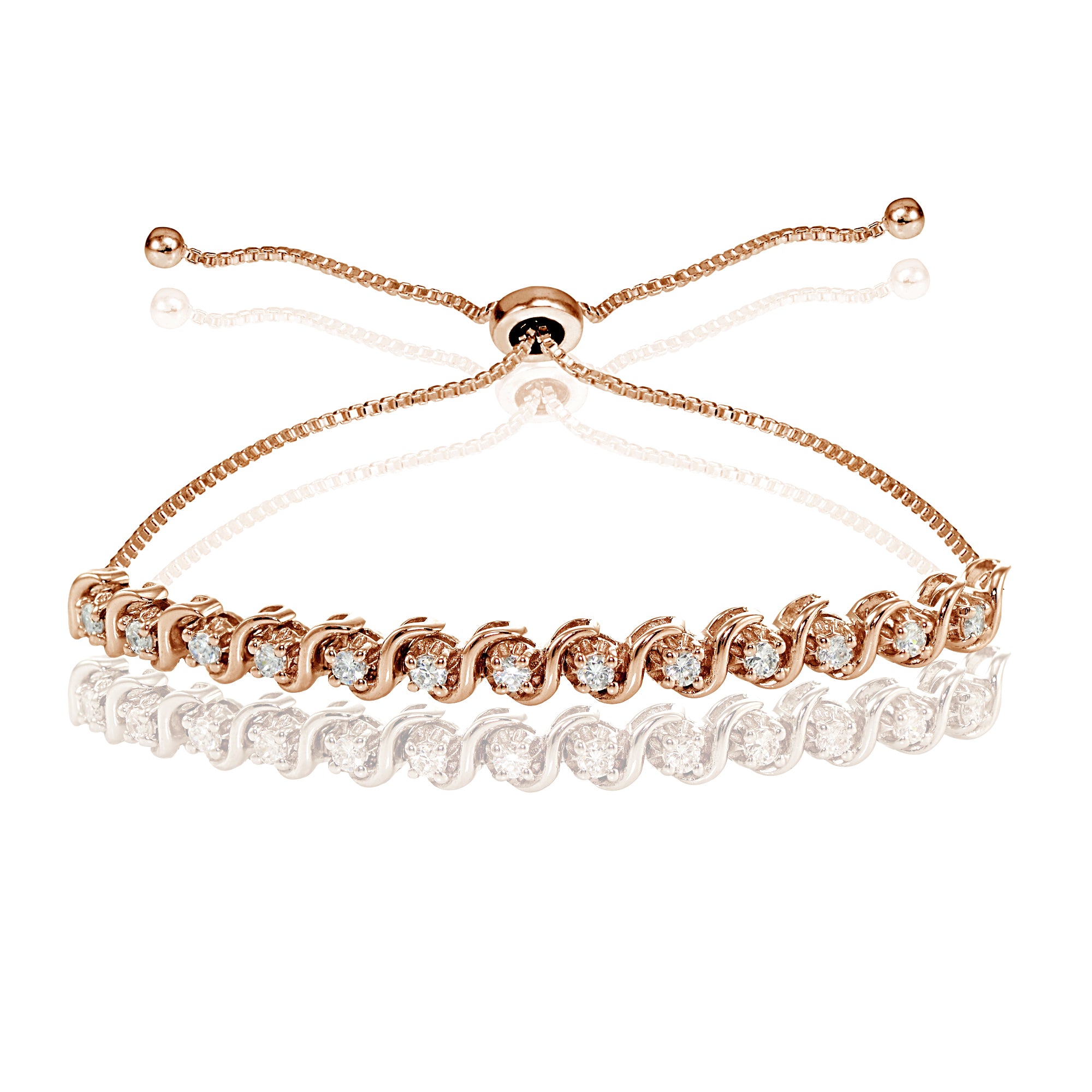Rose Gold Flashed Sterling Silver Cubic Zirconia 2mm Round-cut S Design Adjustable Bracelet