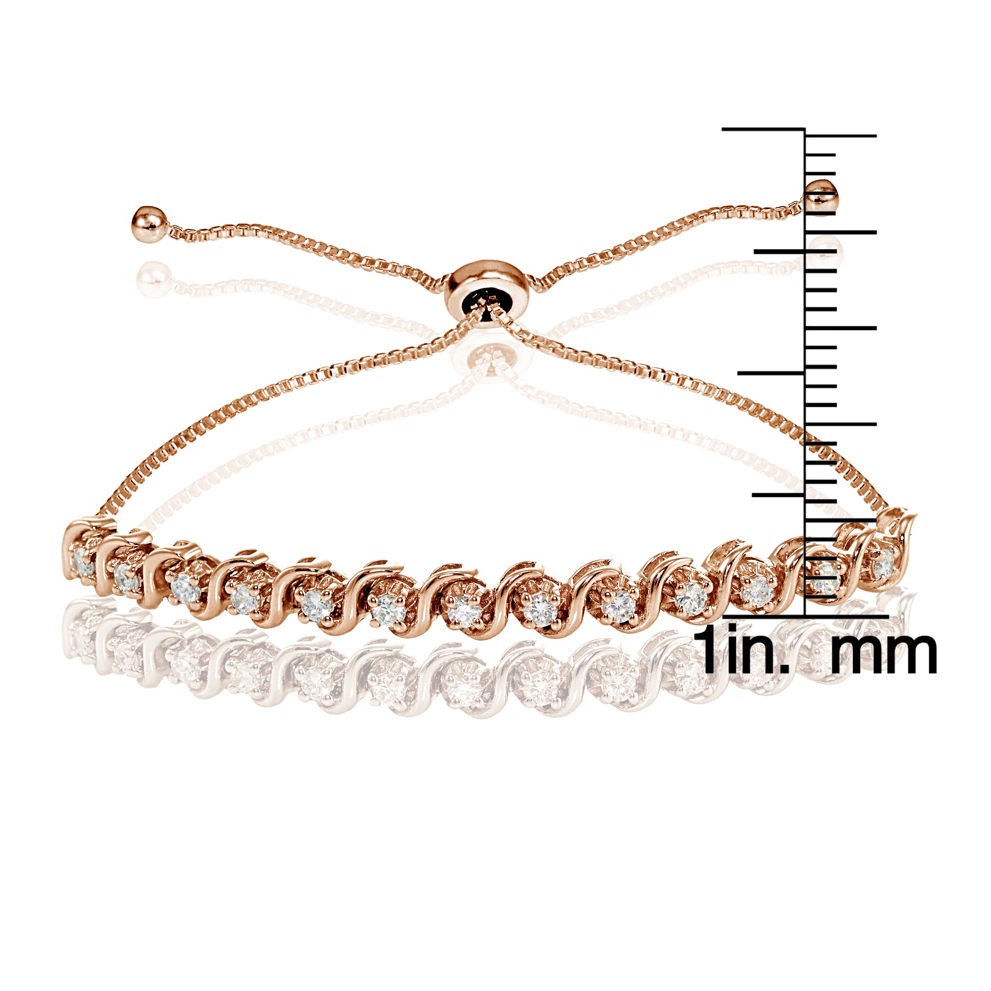 Rose Gold Flashed Sterling Silver Cubic Zirconia 2mm Round-cut S Design Adjustable Bracelet-3
