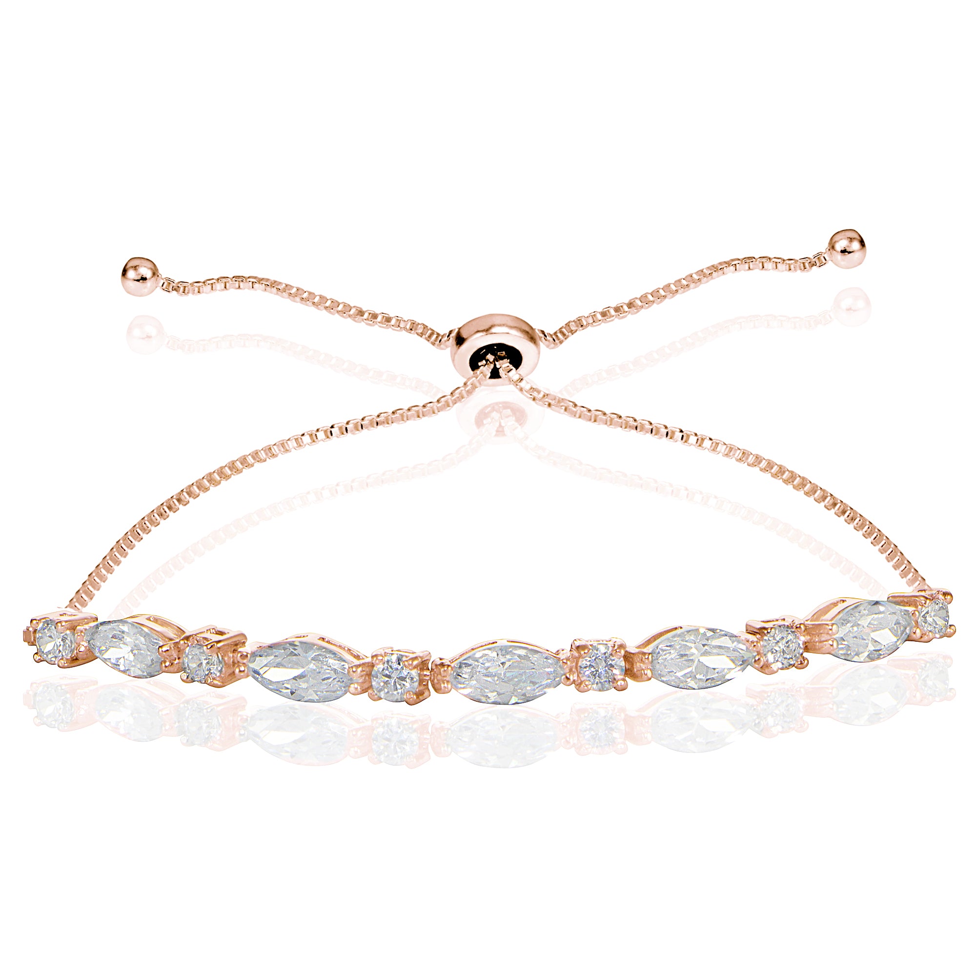 Rose Gold Flashed Sterling Silver Cubic Zirconia Marquise and Oval-cut Adjustable Bracelet