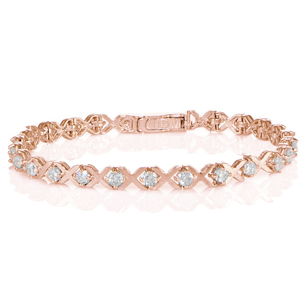 Rose Gold Sterling Silver Cubic Zirconia XO Design Tennis Bracelet
