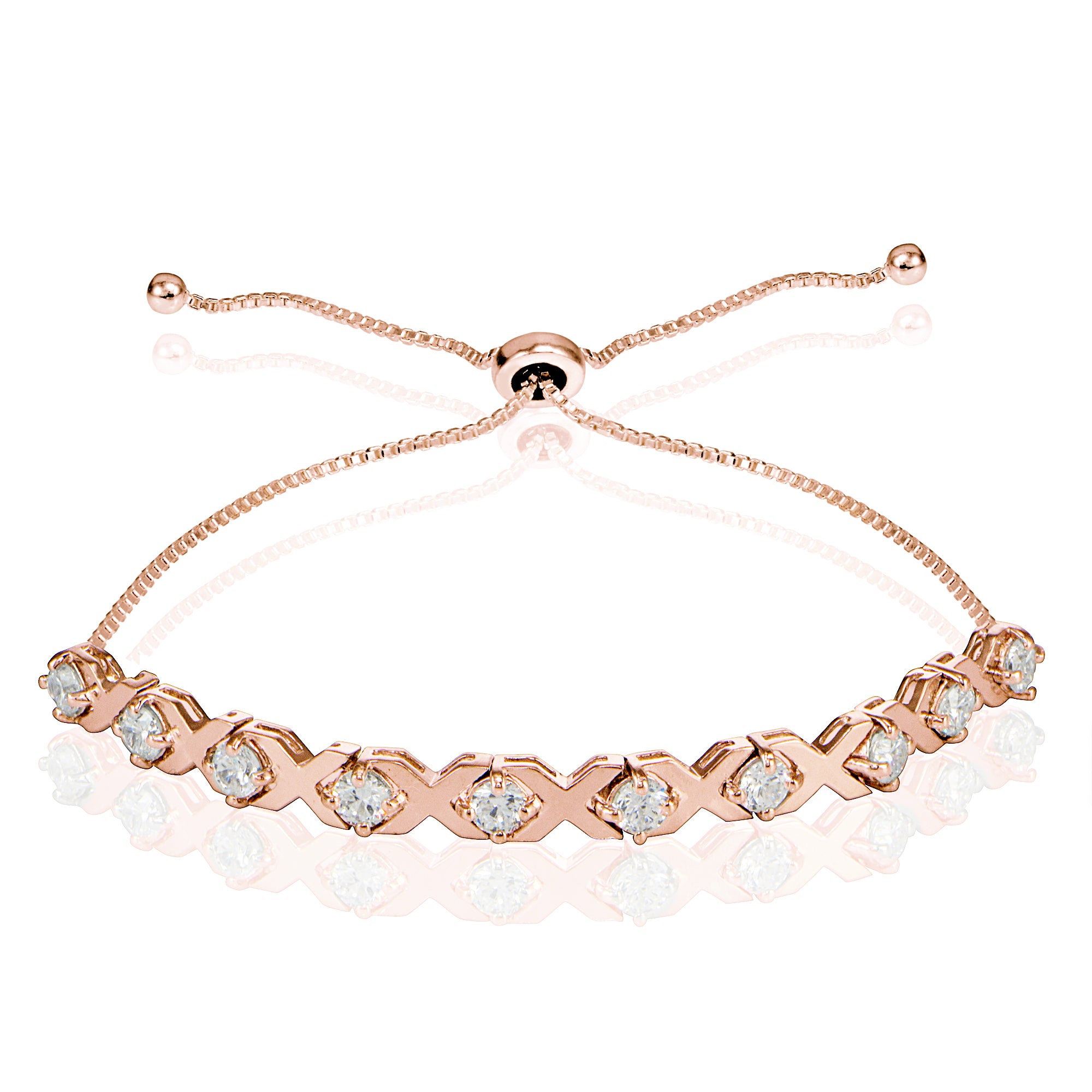 Rose Gold Flashed Sterling Silver Cubic Zirconia XO Design Adjustable Bracelet