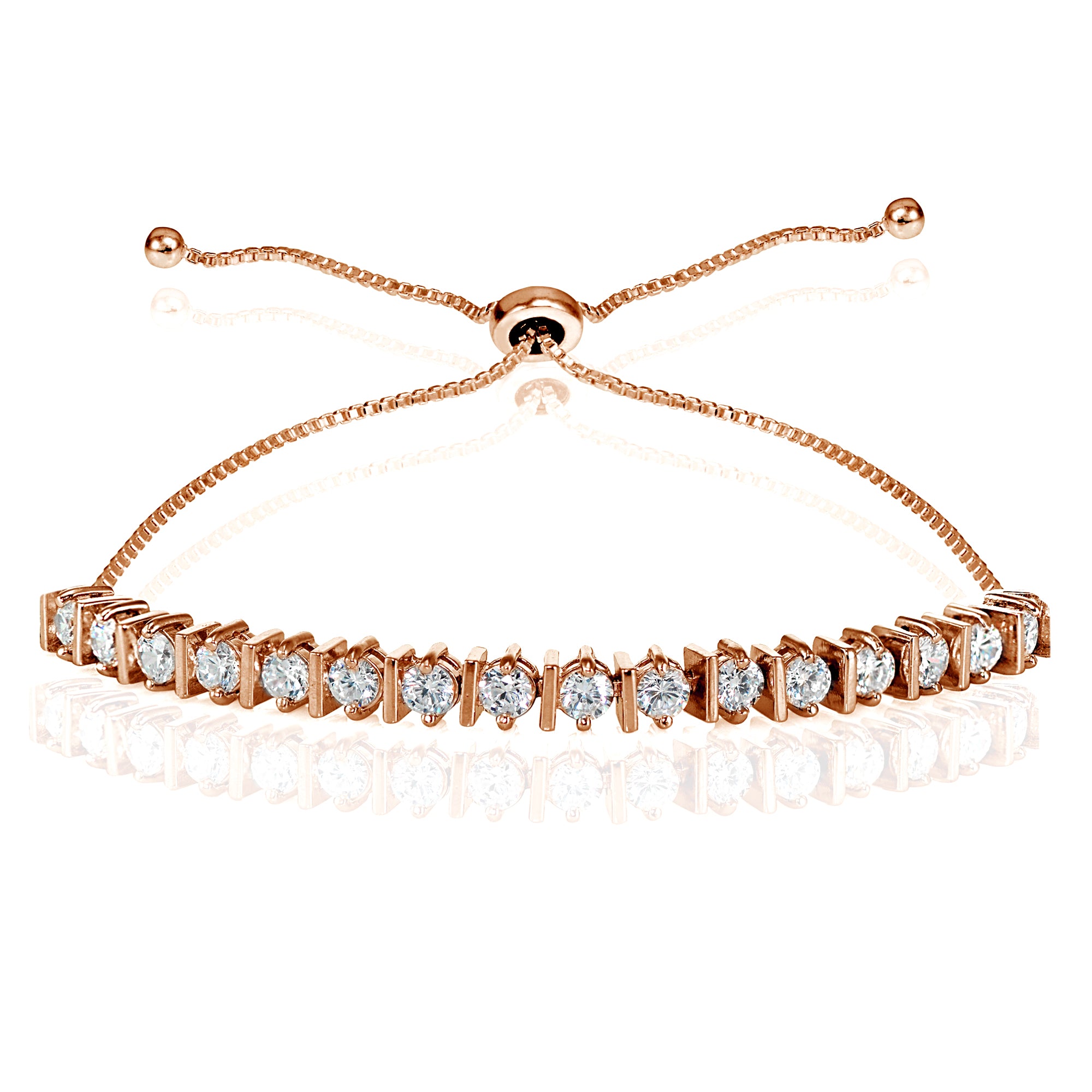Rose Gold Flashed Sterling Silver Cubic Zirconia 3mm Adjustable Bracelet