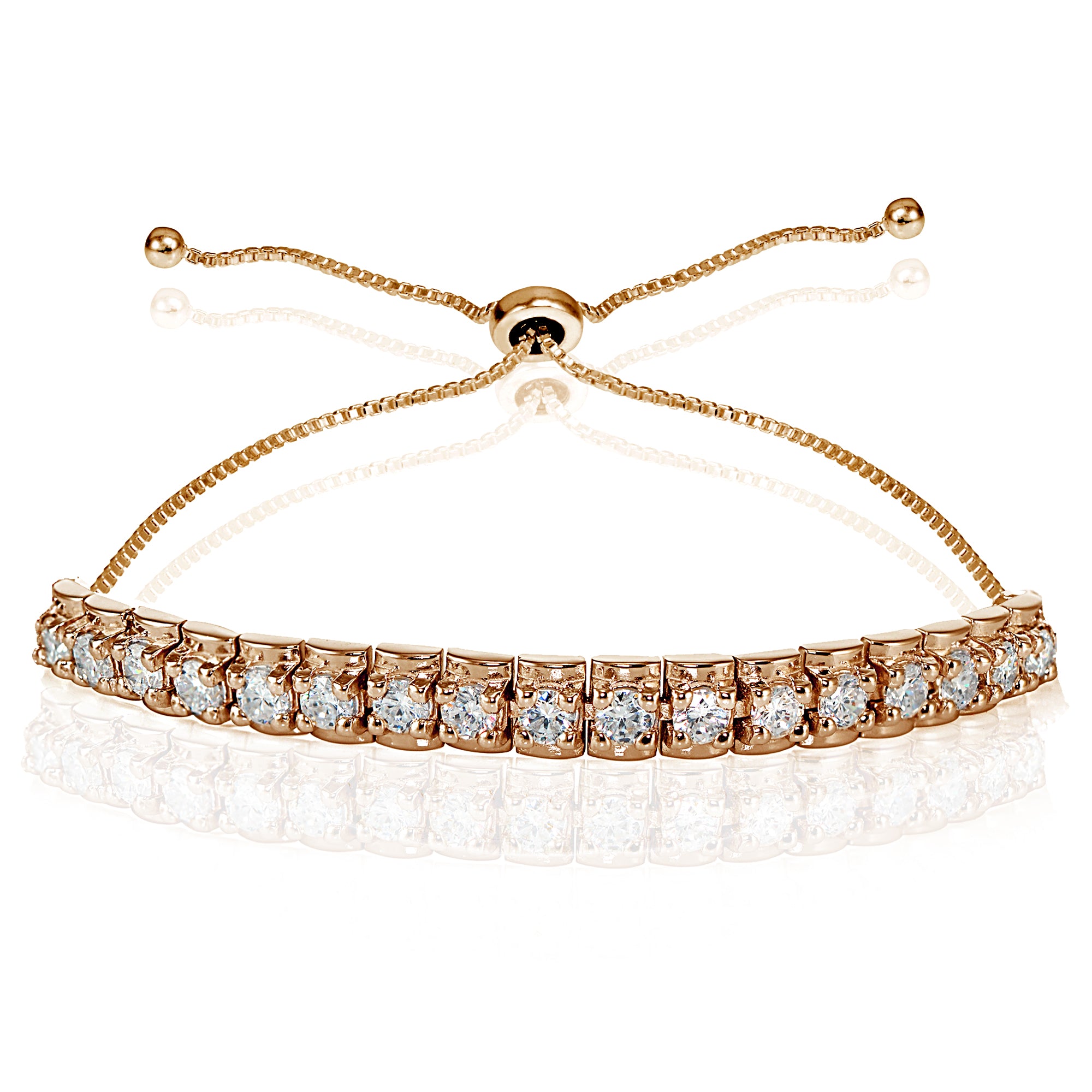 Rose Gold Flashed Sterling Silver Cubic Zirconia 3mm Bar Adjustable Bracelet
