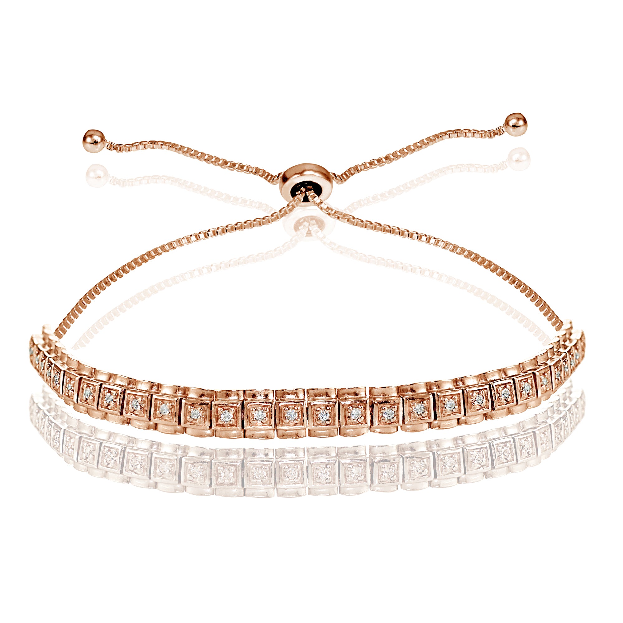 Rose Gold Flashed Sterling Silver Cubic Zirconia 1.3mm Bar Adjustable Bracelet