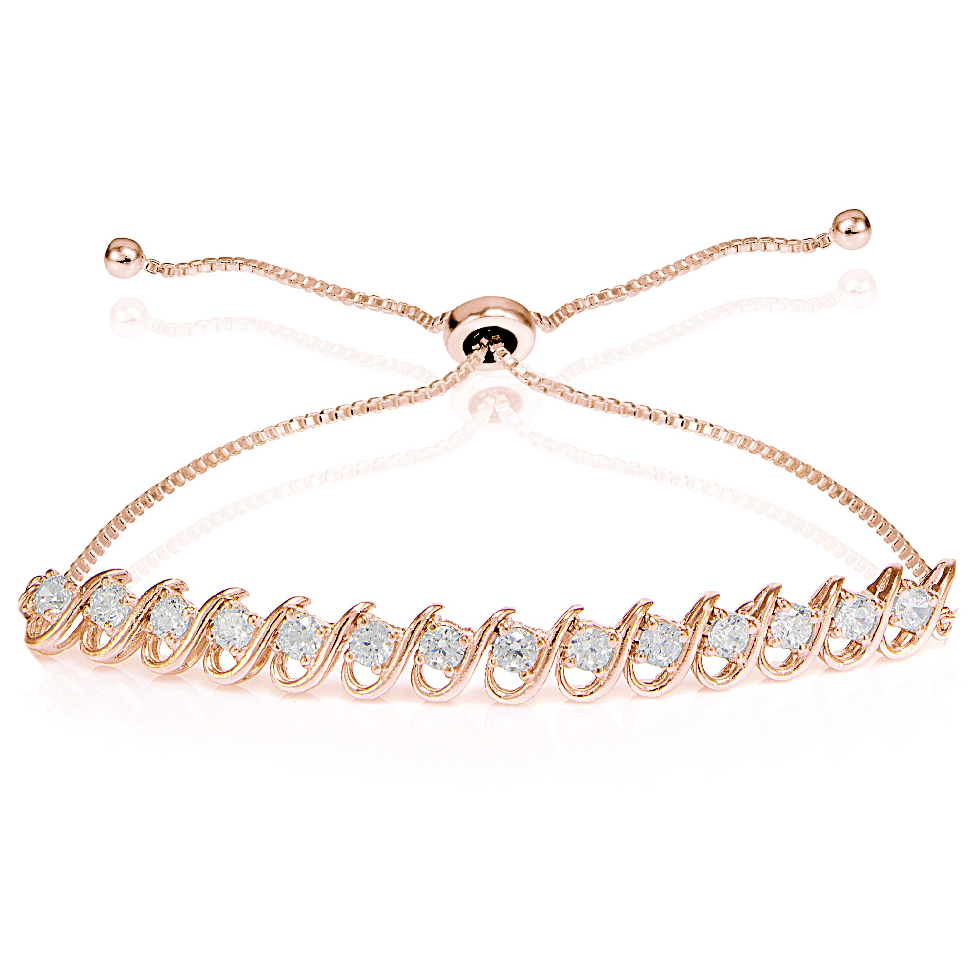 Rose Gold Flashed Sterling Silver Cubic Zirconia S-Link Design Adjustable Bracelet