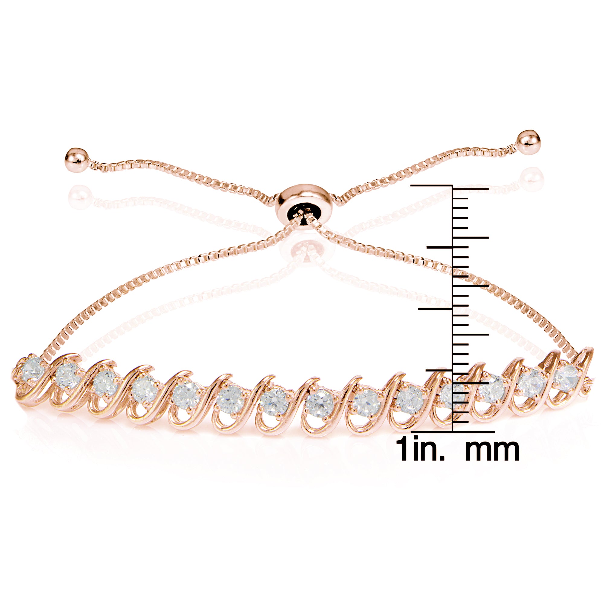 Rose Gold Flashed Sterling Silver Cubic Zirconia S-Link Design Adjustable Bracelet-3