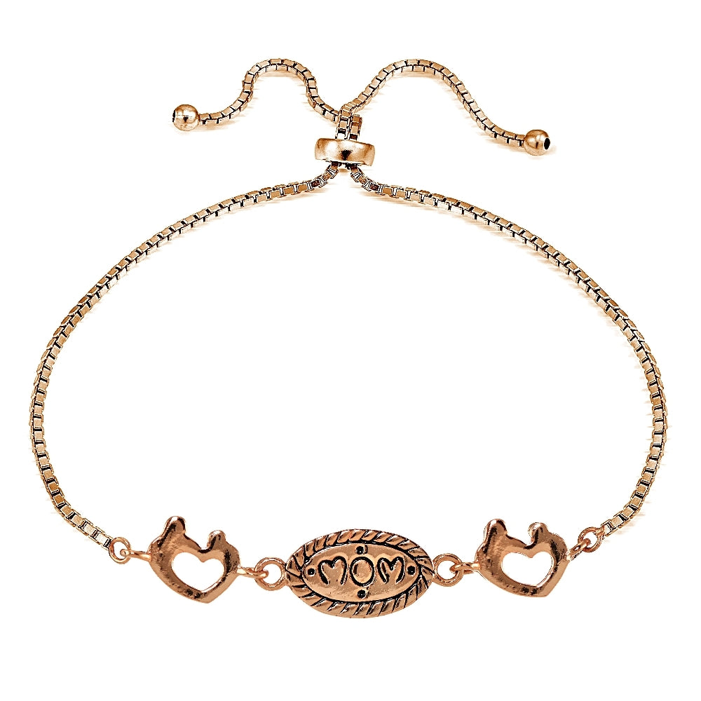 Rose Gold Tone over Sterling Silver MOM Mother and Daughter Heart Polished Adjustable Bracelet