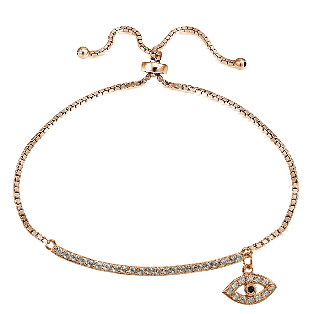 Rose Gold Flashed Silver Blue Cubic Zirconia Dangling Evil Eye Bar Adjustable Bracelet