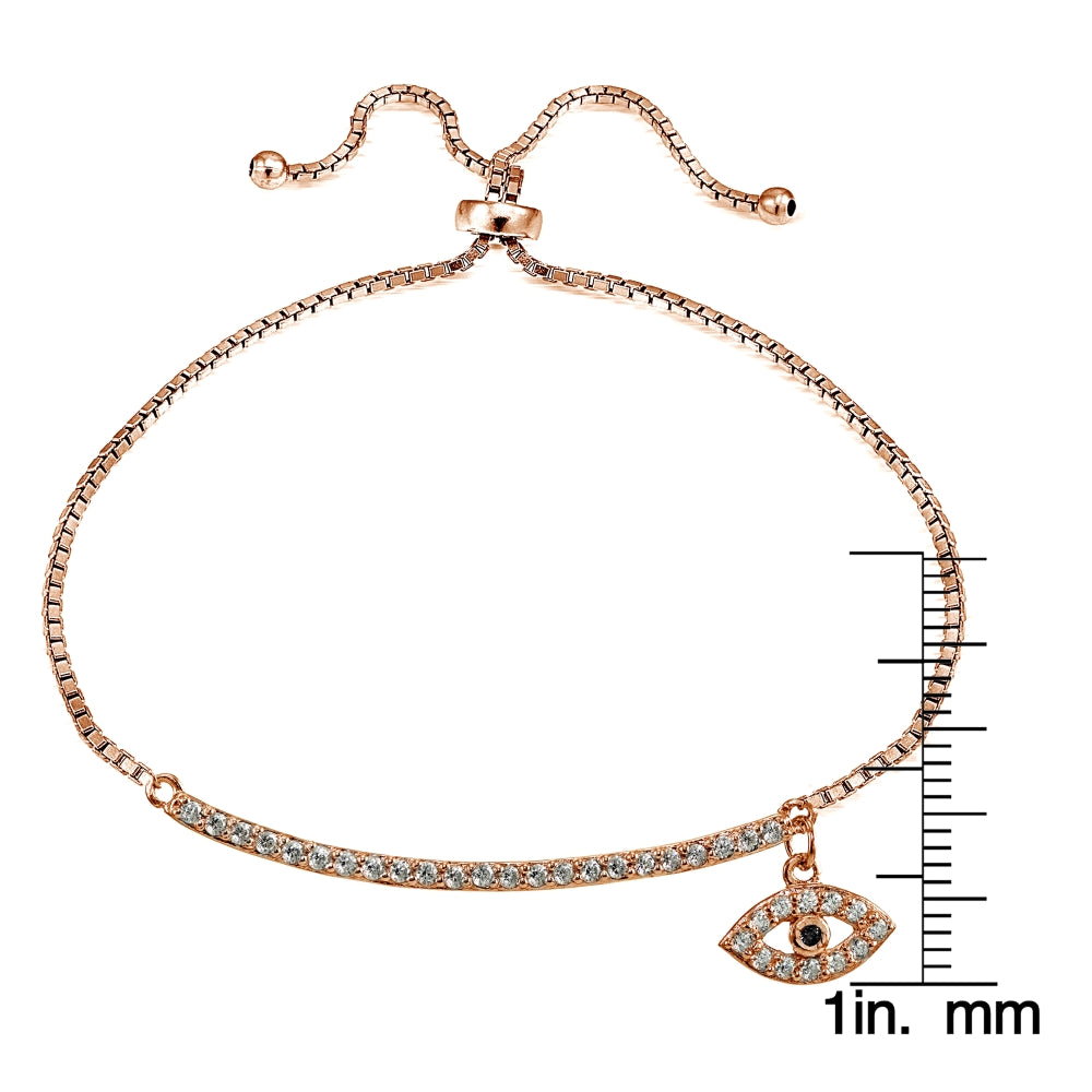 Rose Gold Flashed Silver Blue Cubic Zirconia Dangling Evil Eye Bar Adjustable Bracelet-3