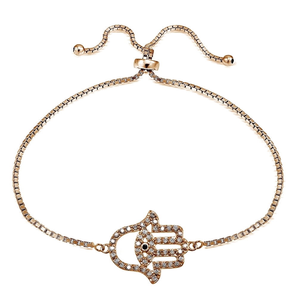 Rose Gold Flashed Silver Black Cubic Zirconia Hamsa Evil Eye Adjustable Slider Bracelet