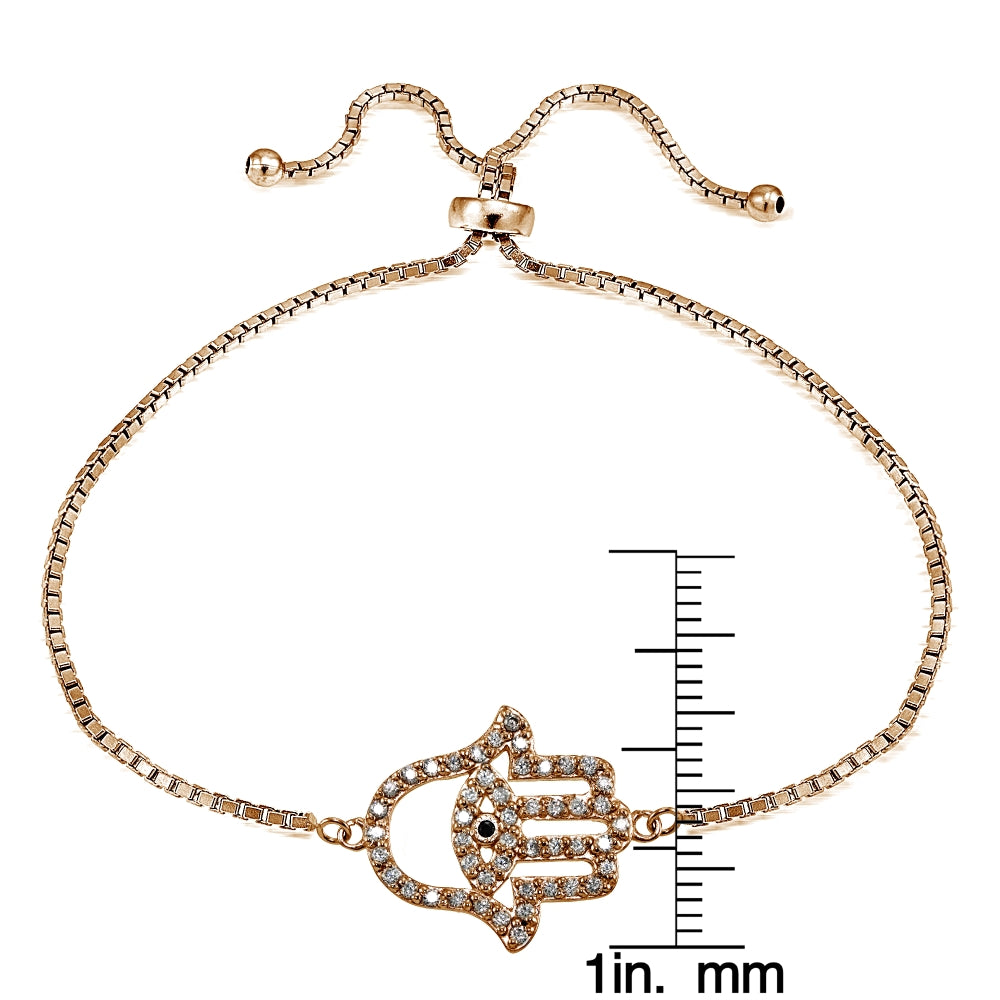 Rose Gold Flashed Silver Black Cubic Zirconia Hamsa Evil Eye Adjustable Slider Bracelet-3