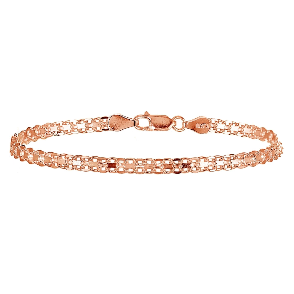 Rose Gold Flashed Sterling Silver 4mm Polished Bismark Chain Bracelet