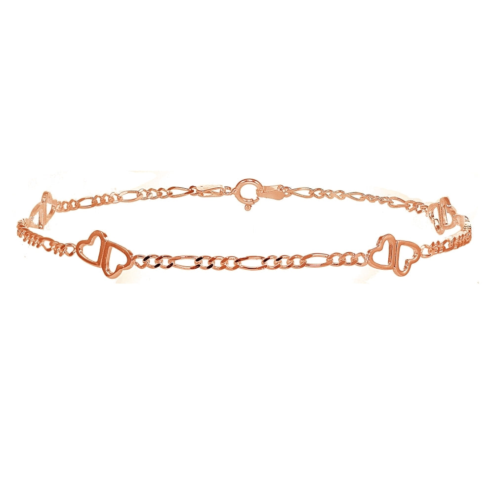Rose Gold Flashed Sterling Silver Figaro Link Chain with Double Hearts Bracelet