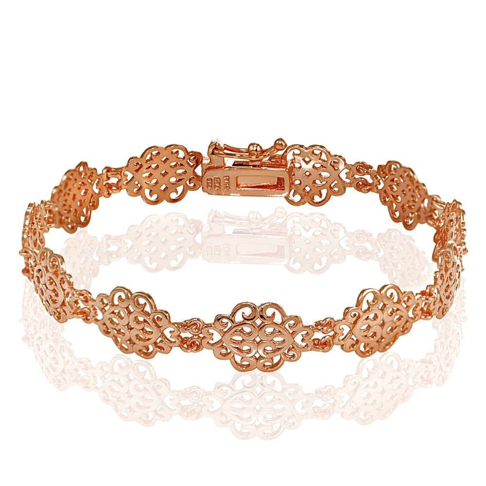 Rose Gold Flashed Sterling Silver Polished Vintage Filigree Swirl Bracelet