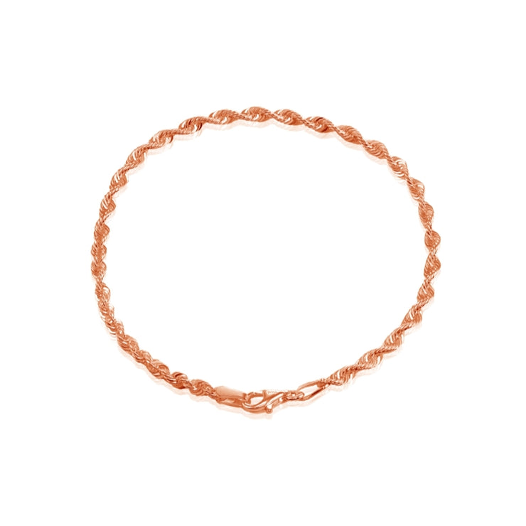 Rose Gold Flashed Sterling Silver 2mm Twist Rope Chain Bracelet, 8 Inches