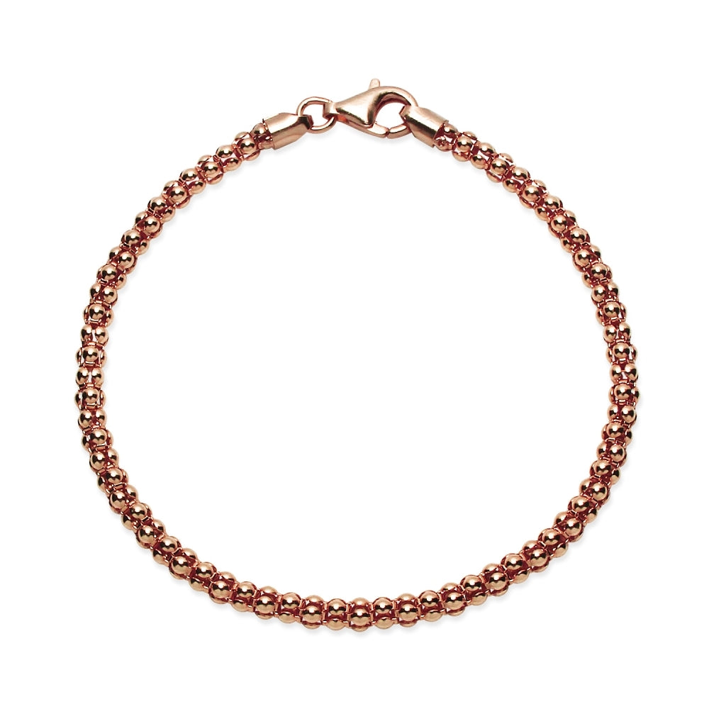 Rose Gold Flashed Sterling Silver 2.5mm Popcorn Chain Bracelet, 8 Inches