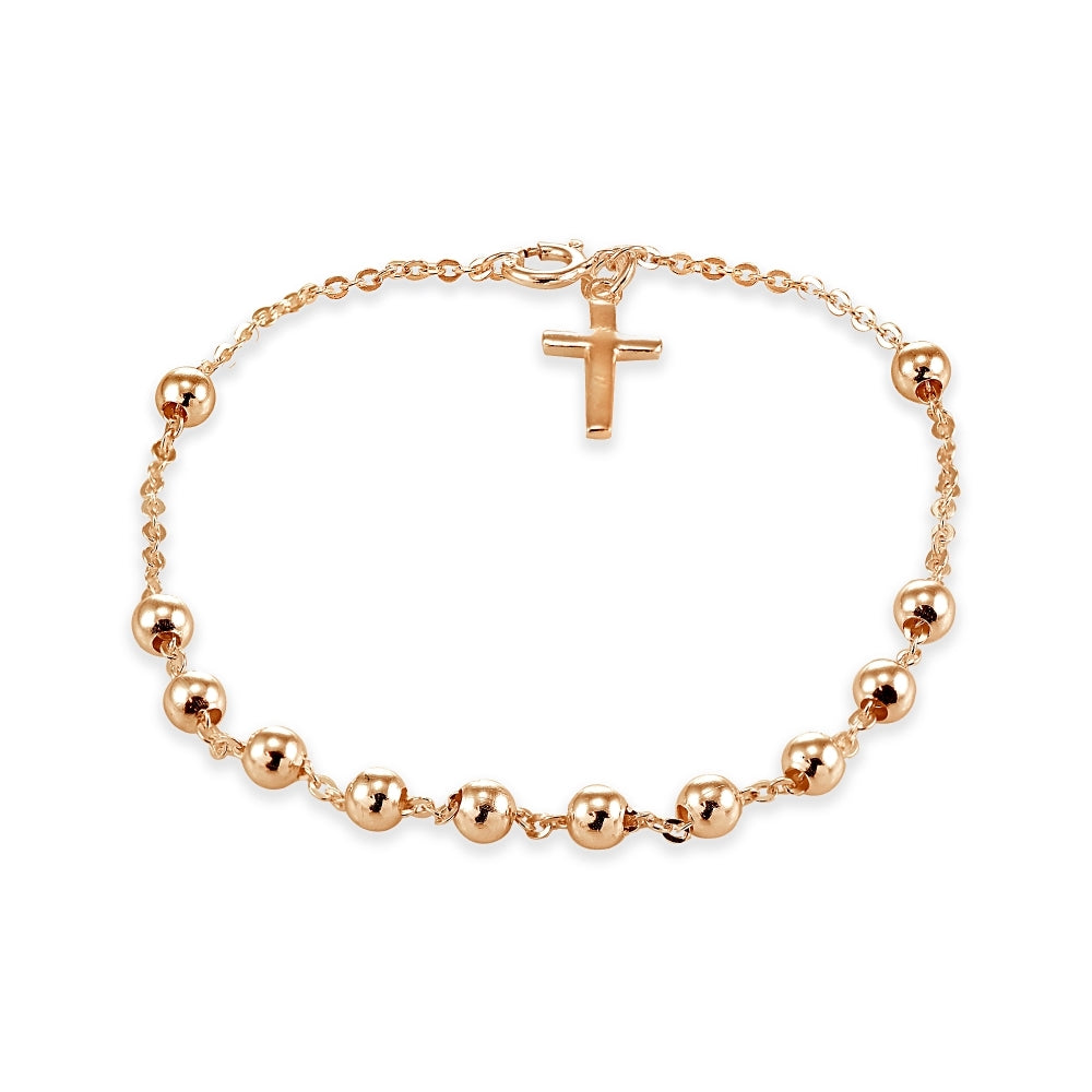 Rose Gold Flashed Sterling Silver Bead Station Cross Chain Bracelet