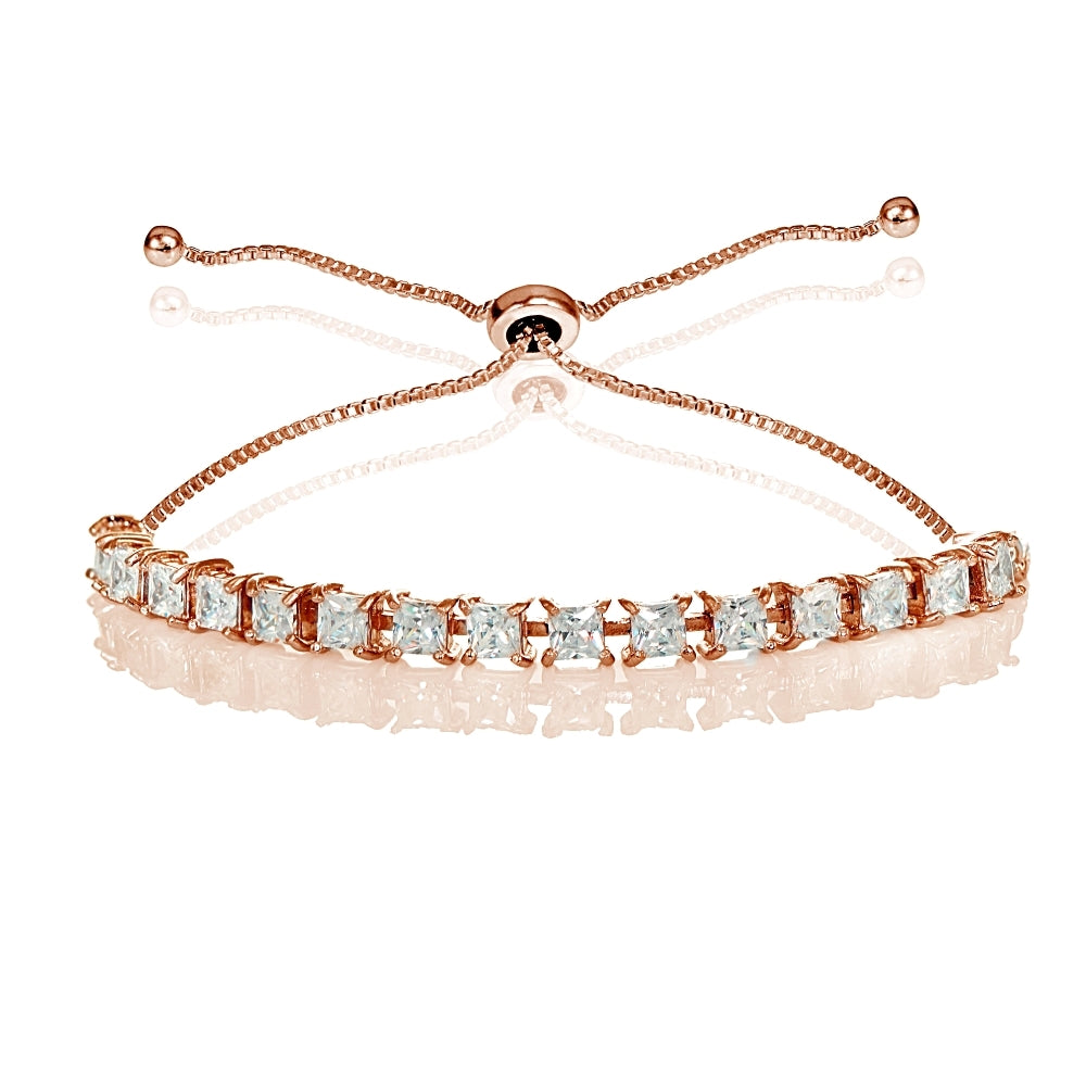 Rose Gold Sterling Silver 3mm Cubic Zirconia Princess-cut Adjustable Bolo Tennis Bracelet