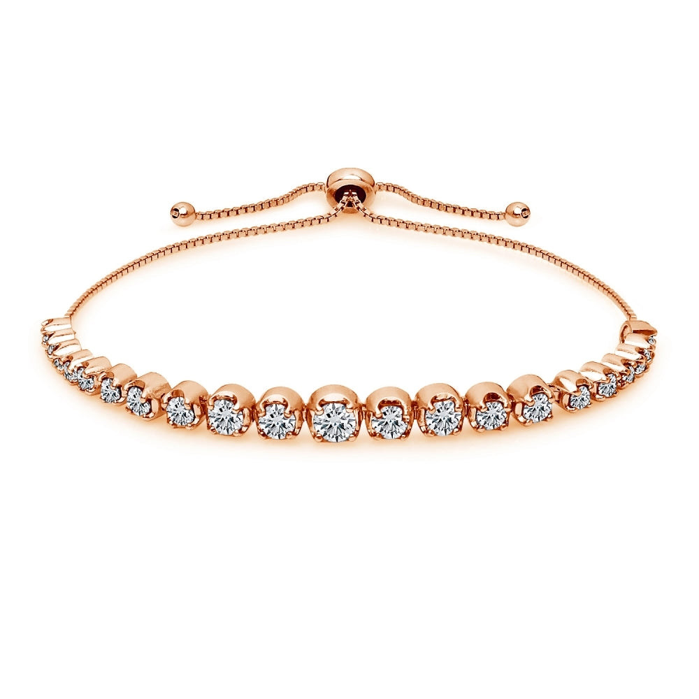 Rose Gold Flashed Sterling Silver Cubic Zirconia Round Graduated Adjustable Bolo Bracelet