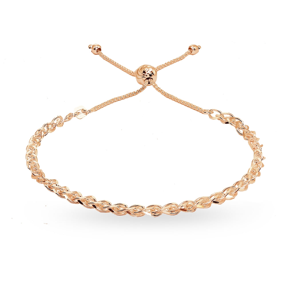 Rose Gold Flashed Sterling Silver Polished Spiga Chain Adjustable Pull-String Bracelet