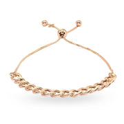 Rose Gold Flashed Sterling Silver Thin Cuban Link Chain Adjustable Pull-String Bracelet