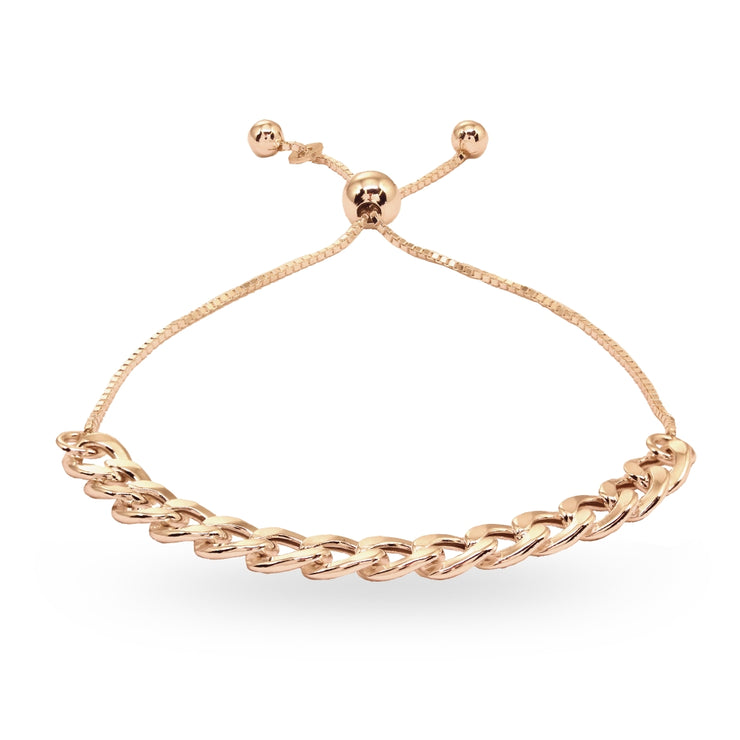 Rose Gold Flashed Sterling Silver Thin Cuban Link Chain Adjustable Pull-String Bracelet