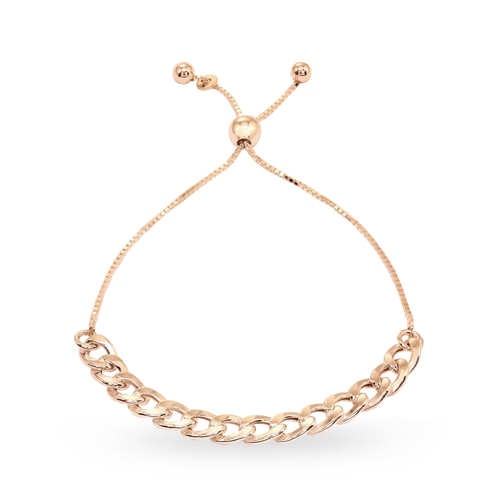 Rose Gold Flashed Sterling Silver Thin Cuban Link Chain Adjustable Pull-String Bracelet-4