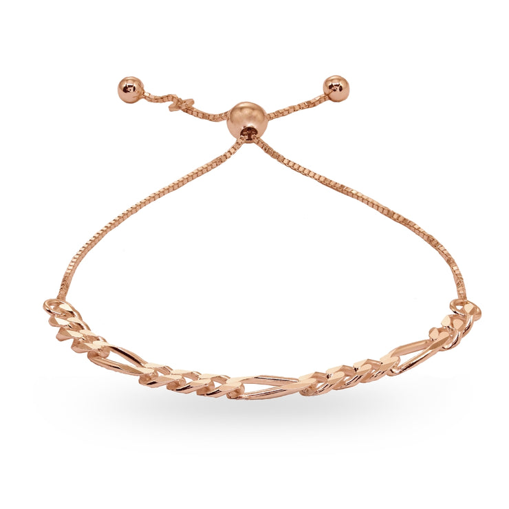 Rose Gold Flashed Sterling Silver Thin Figaro Link Chain Adjustable Pull-String Bracelet