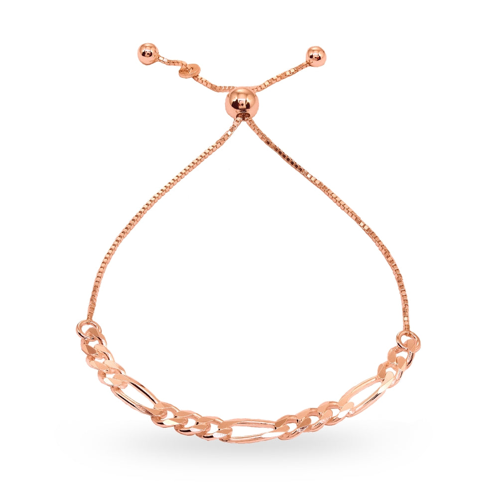 Rose Gold Flashed Sterling Silver Thin Figaro Link Chain Adjustable Pull-String Bracelet-4