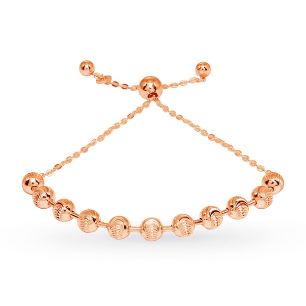 Rose Gold Flashed Sterling Silver Textured Beads Bar Station Chain Adjustable Pull-String Bracelet