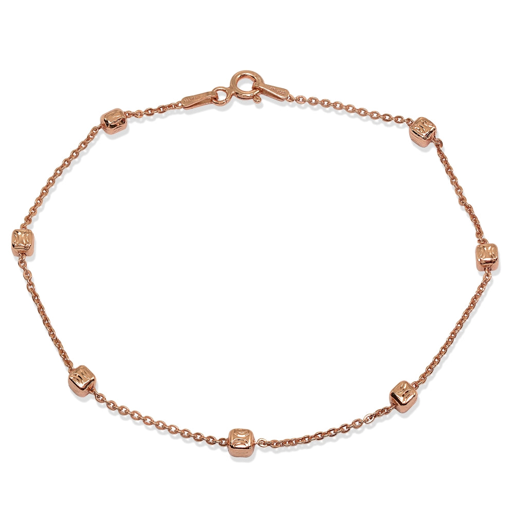 Rose Gold Flashed Sterling Silver Italian Polished Square Cube Bead Station Cable Chain Bracelet, 7.5 Inch