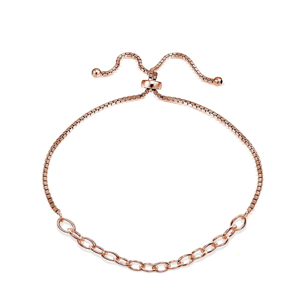 Rose Gold Flashed Sterling Silver Polished Pull-String Loop Adjustable Charm Link Chain Bolo Bracelet