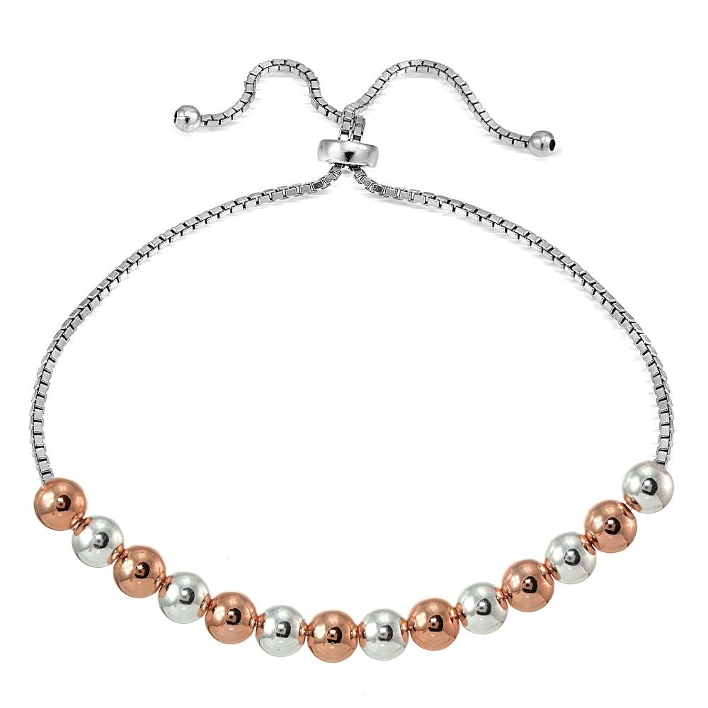 Rose Gold Flashed Sterling Silver Two Tone 6mm Bead Adjustable Bracelet