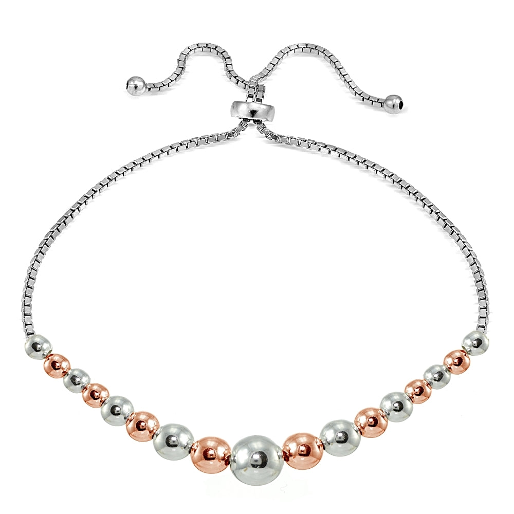 Rose Gold over Sterling Silver Two Tone Graduated Bead Adjustable Bracelet