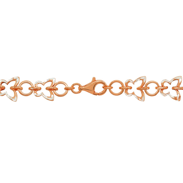 Two-Tone Rose Gold Flashed Sterling Silver Nature Butterfly Diamond-Cut Charm Link Bracelet