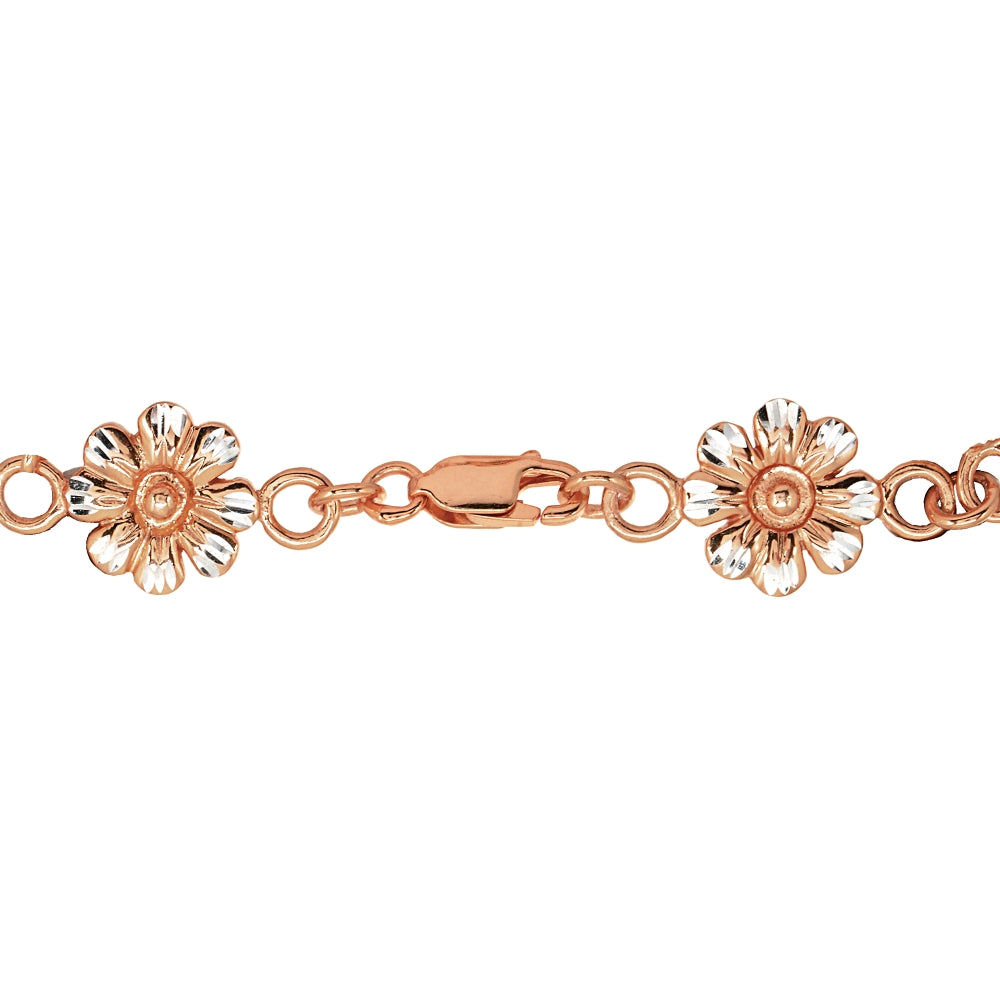 Two-Tone Rose Gold Flashed Sterling Silver Nature Flower Diamond-Cut Charm Link Bracelet-2