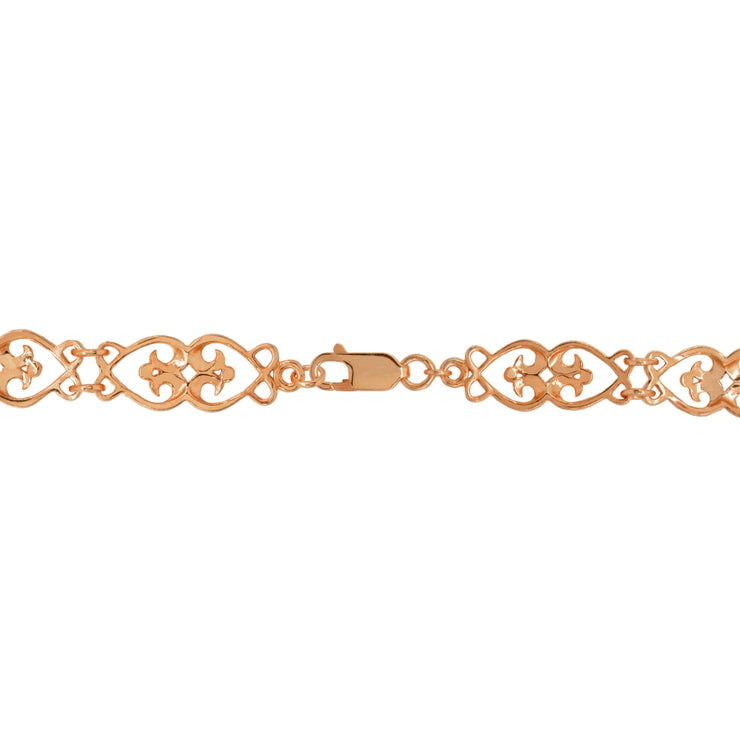 Two-Tone Rose Gold Flashed Sterling Silver Filigree Hearts Diamond-Cut Link Bracelet