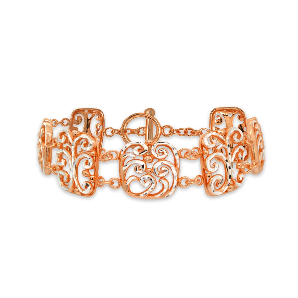 Two-Tone Rose Gold Flashed Sterling Silver Filigree Swirl Diamond-Cut Link Bracelet